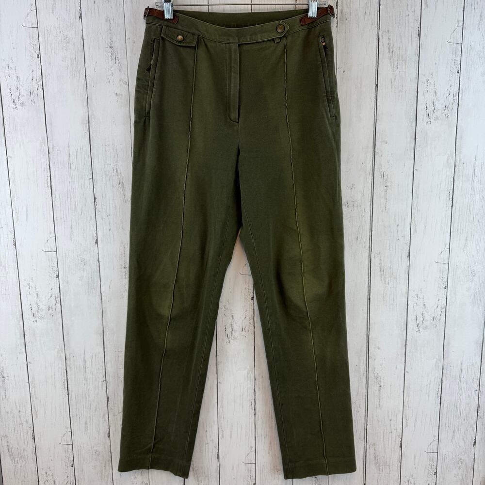 Ralph Lauren Green Stretch Cotton Seamed  Front Zip Buckle Pocket Pants Size 8